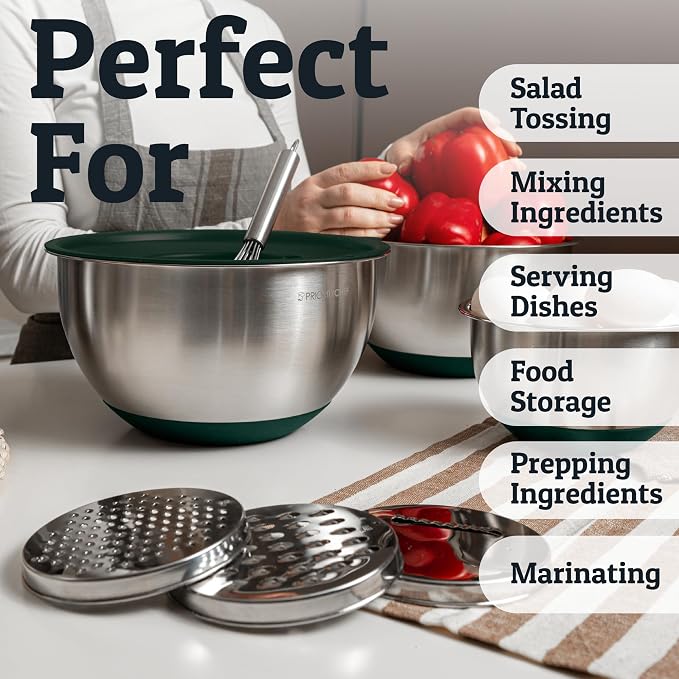 Stainless Steel Mixing Bowls with Lids Set, 3 Grater Attachments, Airtight Lids, Non-Slip Silicone Base Mixing Bowl Set, Large Prep Metal Mixing Bowls for Kitchen, Green