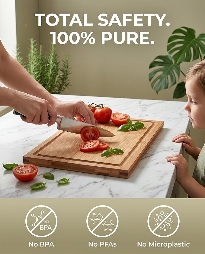 CARTMAN 3-Piece Bamboo Cutting Boards for Kitchen with Stand & Holder | Includes 3 sizes & dual-purpose stand for charcuterie, 100% non-toxic bamboo, deep juice groove, warp-proof 3-layer