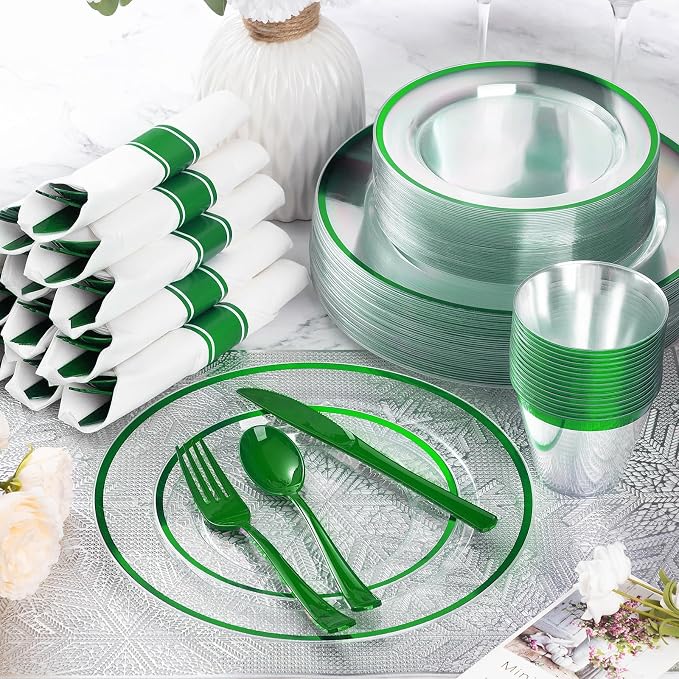 350 Pcs Clear Green Disposable Plastic Dinnerware Sets for 50 | Include 50 Dinner Plates, 50 Dessert Plates, 50 Pre Rolled Napkins with Cutlery Set, 50 Cups for Christmas, St. Patrick's Day