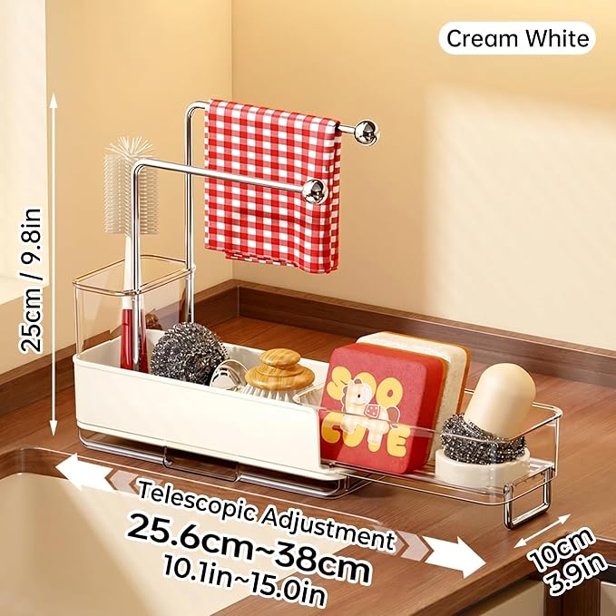 Expandable Kitchen Sink Caddy 25-38cm, 360° Rotating Sponge Holder & Brush | White, large, stretchable 25-38cm. Side brush holder, triple drainage, rust-proof.Ideal for sponge & kitchen sink accessories