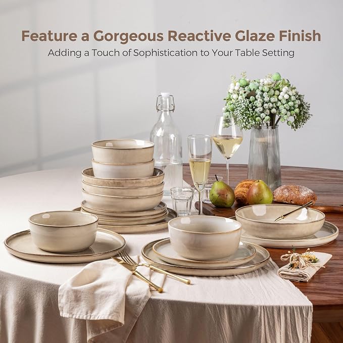 GBHOME Dinnerware Sets for 6, 24 Pieces Ceramic Plates and Bowls Set | Scratch Resistant Stoneware Dishes Set, Dishwasher & Microwave Safe, Reactive Glaze-Cappuccino