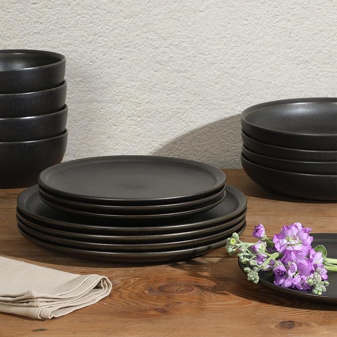 Gibson Elite Beckett Stoneware Matte Reactive Glaze 16 Piece (Service for 4) Plates and Bowls Dinnerware Set - Black