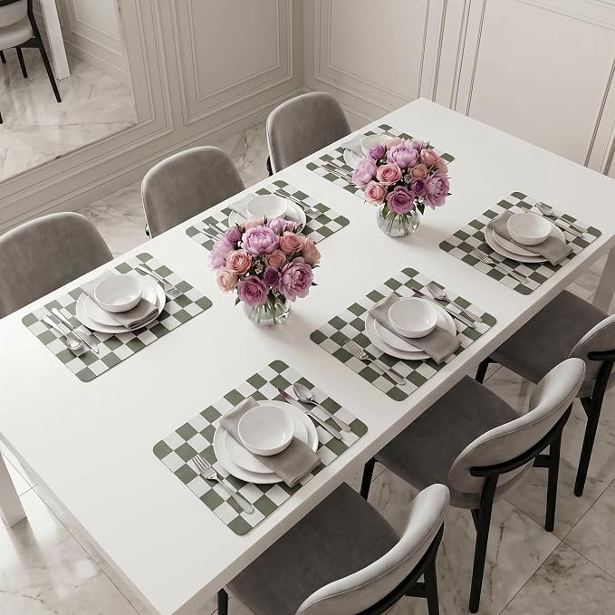 Set of 6 Checkerboard Non-Slip Washable Placemats for Dining Table | Waterproof & Heat-Resistant Faux Leather Mats | Easy Wipe Clean Tablemats for Indoor Dining, 17’’×12’’, Olive Green