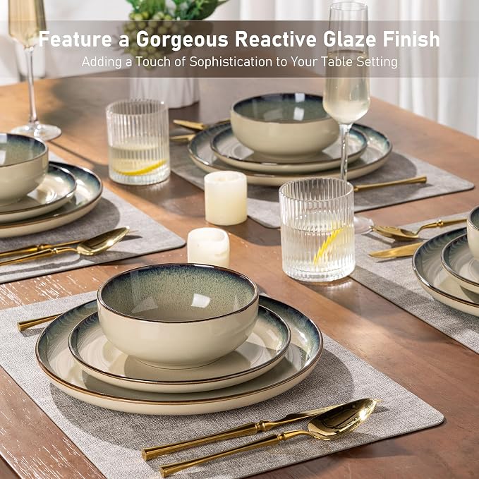 GBHOME Dinnerware Sets for 6, 18 Pieces Ceramic Plates and Bowls Set | Scratch Resistant Stoneware Dishes Set, Dishwasher & Microwave Safe, Reactive Glaze-Pale Khaki