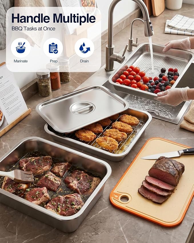 Pro 6 in 1 Grill Prep Tray and Carry System, Large Grilling Prep and Serve Trays with Lid and Cutting Board, Deep Meat Marinating Container as BBQ Grilling Gift, Pro Series, XL