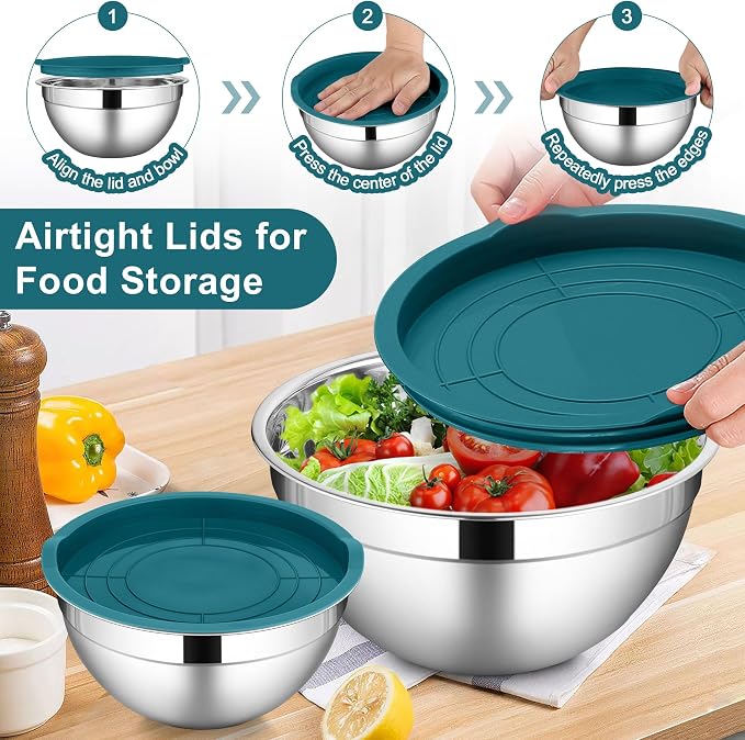 LIANYU 6 PCS Stainless Steel Mixing Bowl, Large 7, 3.5, 2.5, 2, 1.5, 1 QT | Metal Bowls Set, Kitchen Nesting Bowls for Salad Cooking Prepping Food Storage, Dishwasher & Freezer Safe, Blue