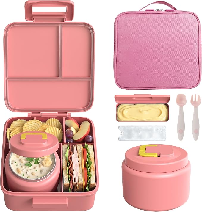 MAISON HUIS Bento Lunch Box with 8oz Soup Thermo, 5-Compartment Leak-Proof Container, Thermo Hot Food Jar and Insulated Lunch Bag, BPA Free,Travel, School (Pink)