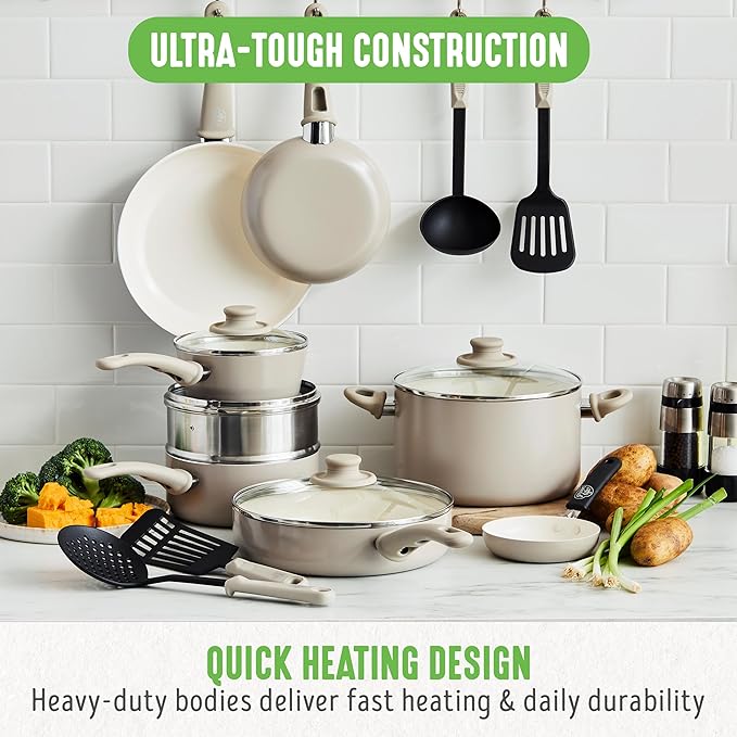 GreenLife 16 Piece Ceramic Nonstick Pots & Pans Cookware Set, Taupe | PFAS-Free Nonstick Coating, Stockpot, Frying Pans, Saucepans, Sauté Pan, Stay-Cool Handles, Dishwasher & Oven Safe up to 350F