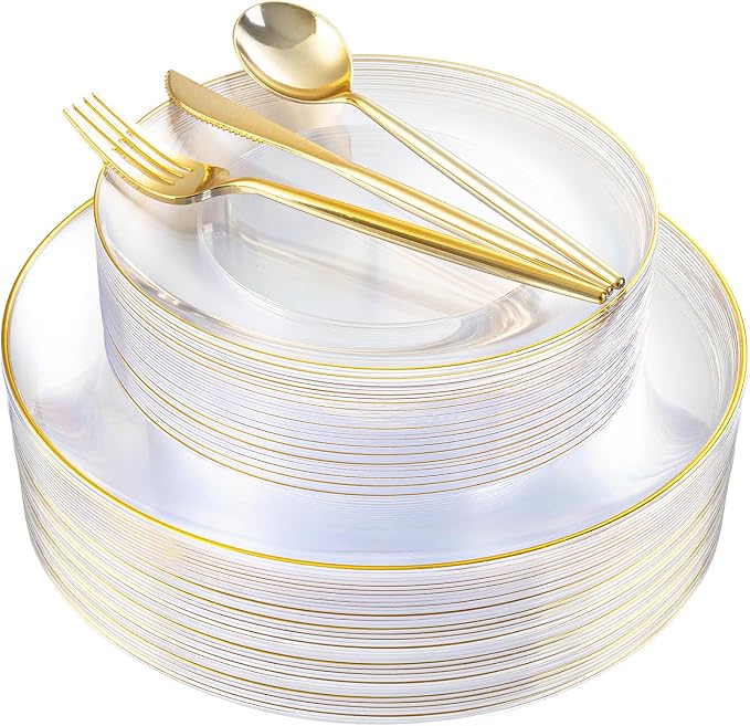 150Pcs Clear Plastic Plates,Premium Disposable Plates for Party | Clear Plates Set with Gold Rim Include 30 Dinner Plates,30 Dessert Plates, 90 plastic Silverware Set for Wedding