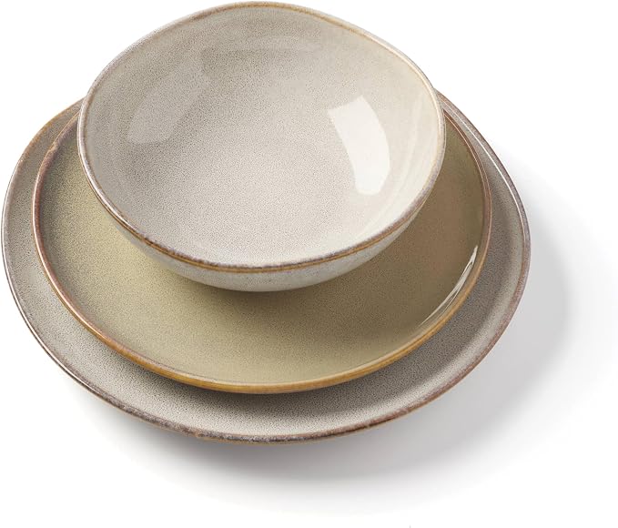 Oneida Organic Shades Oatmeal Stoneware 18-Piece Dinnerware Set for 6 | dishwasher safe | plates and bowls sets for kitchen and dining | 10.25 inch plate, dish set, dishes | 2 inch, 28oz