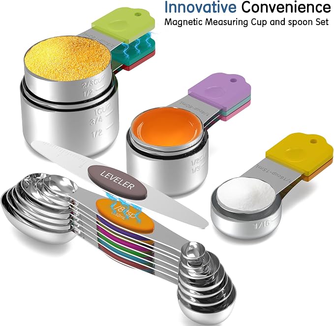 Magnetic Measuring Cups and Spoons Set, 5 Nesting Stainless Steel Measuring Cup Set with Easy to Read Markings, 7 Magnetic Measuring Spoons & 1 Leveler for Measuring Dry or Liquid Ingredients