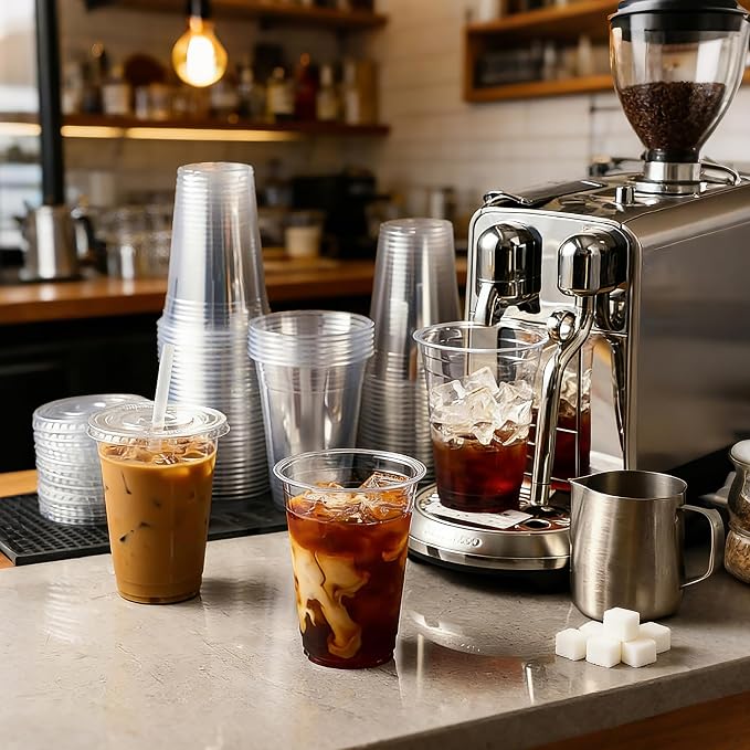Ginkgo 100 Pack - 16 oz Clear Plastic Cups with Lids and Straws | Leak-Proof & Sturdy, Disposable Iced To Go Coffee Cups for Smoothie, Cold Beverages