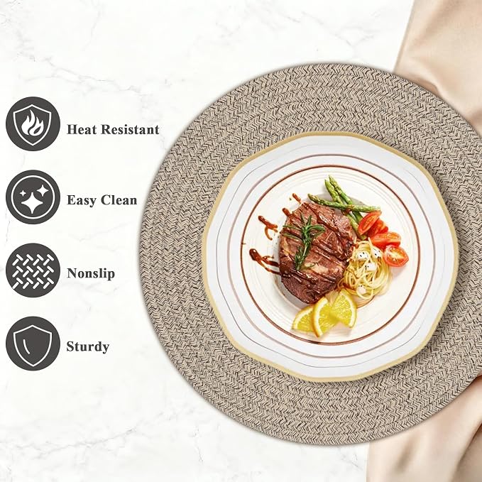 Round Placemats Set of 6, Cotton Rope Woven Table Mats, Hot Pads for Kitchen, Non Slip Heat Resistant Place Mats, 13 Inches Braided Placemat for Farmhouse Decor and Kitchen Table Decor (Brown)