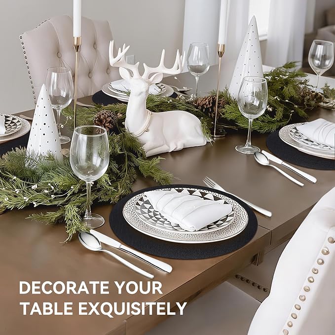 13" Round Placemats Set of 8, Reversible Faux Leather Wipeable Table Mats | 2mm Vinyl Heat Resistant, Waterproof Oilproof Scratch Proof Non-Slip, Washable for Kitchen Dining Indoor Outdoor (Black)