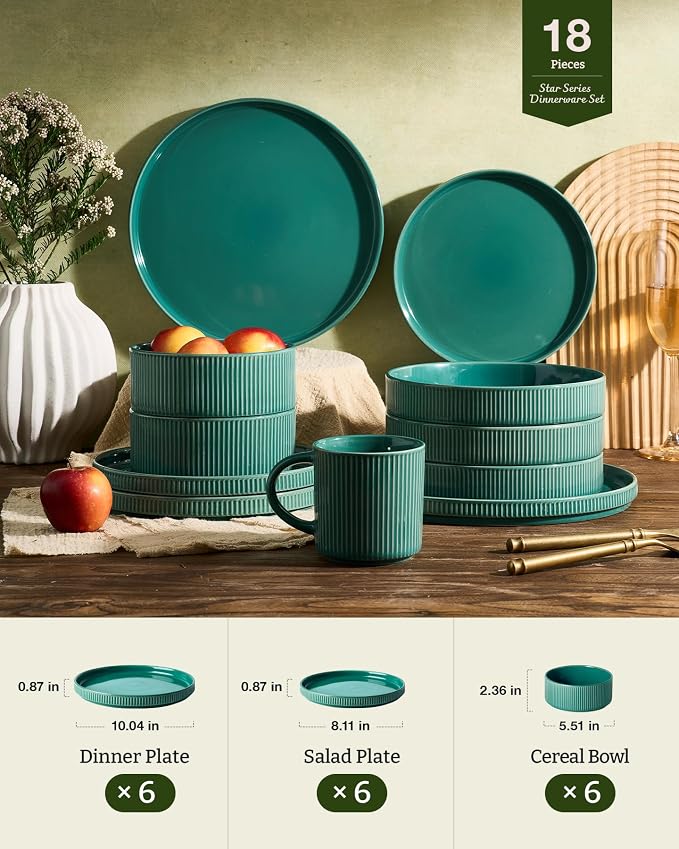 Famiware Stoneware Dishes Dinnerware Sets for 6, Ribbed Plates and Bowls | 18-Piece Ceramic Dinner Set with Lipped Edges, Chip & Scratch Resistant , Microwave & Dishwasher Safe, Daily Use, Sage Green