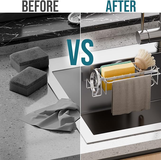 TAILI 4-in-1 Sponge Holder for Kitchen Sink with Strong Suction Cup-Silver | Removable Rustproof 304 Stainless Steel Multi-compartment Sponge Holder with Suction Cup, Keeps Brushes & Scrubbers Tidy