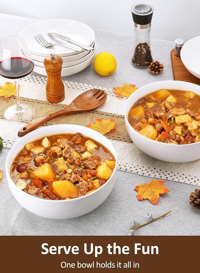 Pasta Serving Bowls 120 Ounce 9.7” Large Serving Bowls, Porcelain Salad Bowls for Kitchen, Big White Soup Bowls, Oven Dishwasher Safe, Set of 2 | Smooth Glaze, Easy-Clean, Stackable, Oven/Microwave/Dishwasher/Freezer Safe, Deep enough for Soup, Fruit, ...