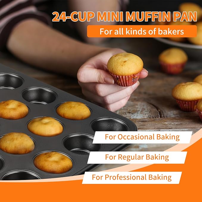 TeamFar 2 Pack Mini Muffin Pan, 24-Cup Non-Stick Cupcake Tray for Baking | Carbon Steel Small Cup Cake Tin Bakeware for Bite-Sized Cheesecake Tart Quich, Even Baking & Effortless Release & Easy Clean