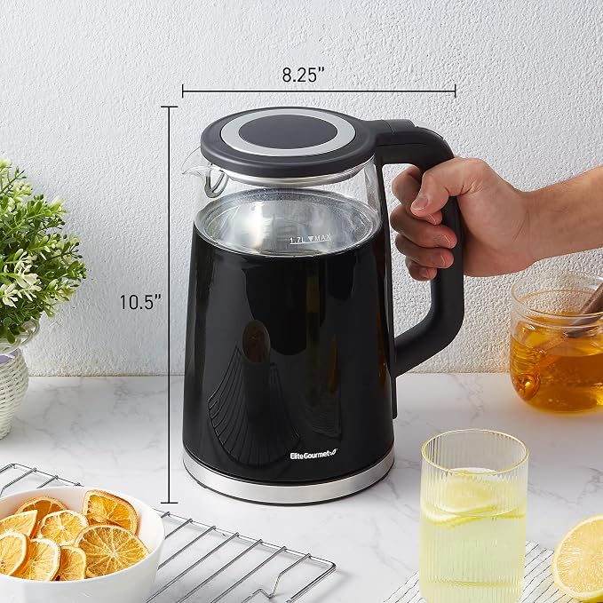 Elite Gourmet 1.7L Dual-Wall Cool-Touch Tea Kettle, Touchscreen, Black | Borosilicate Glass, 304 Stainless Steel Interior, Programmed Digital Keep Warm, Auto Off & Audible Indicator