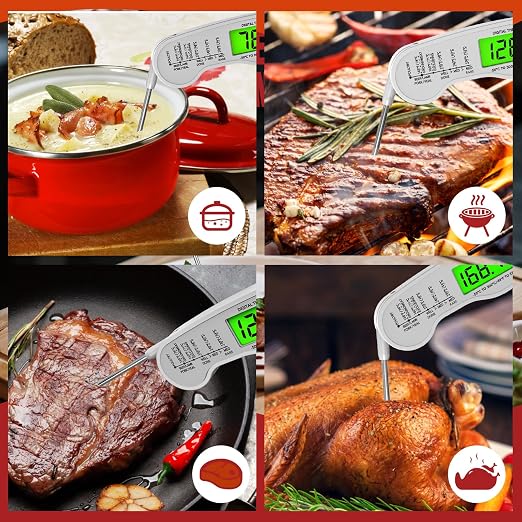 AWLKIM Meat Thermometer Digital, Instant Read Food Thermometer, White | Waterproof cooking thermometer with doneness chart, backlight, F/C switch for BBQ, candy, oil