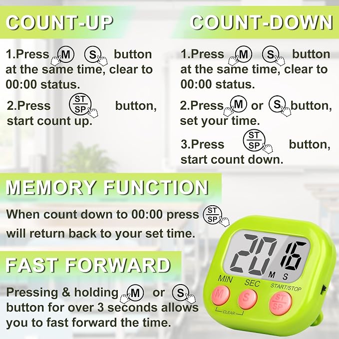 ZILLEEN Classroom Timer for Kids Teachers 2 Pack Digital Tmers Green | Strong Magnetic, Large Screen, Big Button, Teacher Classroom Must Haves Kitchen Timers for Cooking Egg Exercise Study
