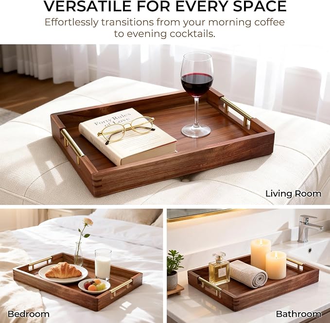 Acacia Wood Serving Tray with 2 Sets of Handles (Gold & Silver) - 17" Large Wooden Tray for Ottoman Coffee Table, Decorative Tray for Living Room & Kitchen - Solid Wood Table Topper
