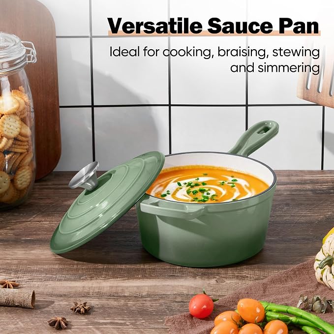 Homikit 1 QT & 2 QT Saucepan Set, Enameled Cast Iron Saucepan with Lid for All Cooktops, Small Pot Mini Dutch Oven for Kitchen Cooking, Boiling, Nonstick & Heavy Duty, Sage Green