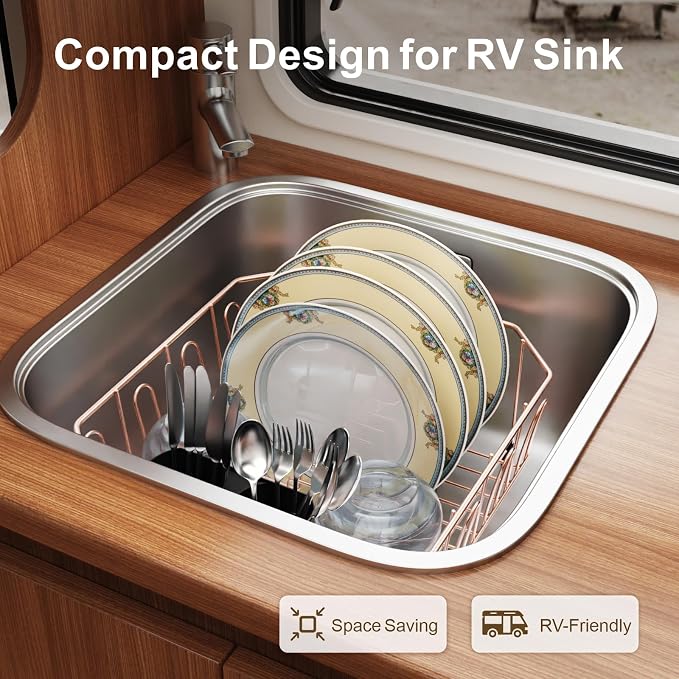 Small in Sink Dish Drying Rack - Stainless Steel for RV Kitchen | Compact Design, Rust-Resistant, Angled Corners Fit Square & Round Sinks, Removable Utensil Holder, Cup Hooks, 13.1"W x 14.4"L
