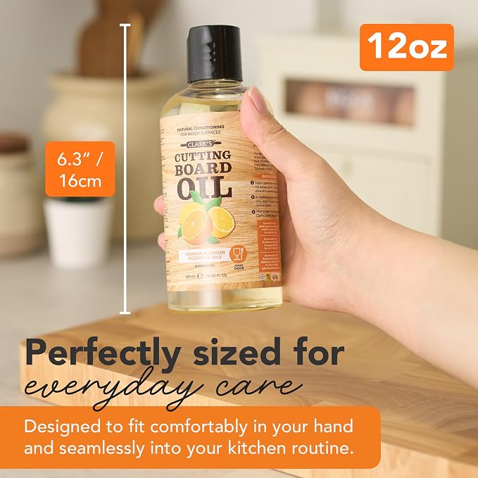 Cutting Board Oil 12 oz, Food Grade Mineral Oil added Orange Lemon Scent | Mineral Oil for Wood Cutting Boards, Butcher Blocks, Utensils, Lubricant for Knives. Soak for 2-3 Hours for Optimal Finish