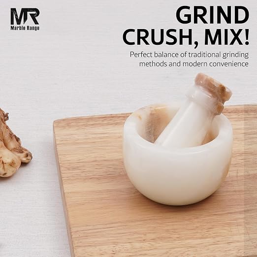 Marble Mortar and Pestle Set White Onyx 3" Inches Handmade Garlic Crusher & Grinder Bowl, Mini Mortar and Pestle for Kitchen - Herb Grinder Spice Grinder