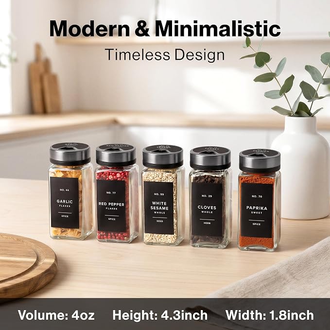 Glass Spice Jars with Label, Space Gray Sprinkle Lids (24 x 4oz) | Airtight Lids keep spices fresh, Kitchen Spice Drawer Organizer, 4oz Seasoning Containers incl. Funnel, Brush & 240 Labels