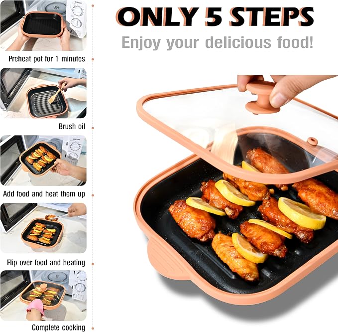 Microwave Grill Pan with Glass Cover - Bacon Cooker, Crisper & Grilled Cheese Maker, Microwave Cookware,Dishwasher Safe for Easy Clean