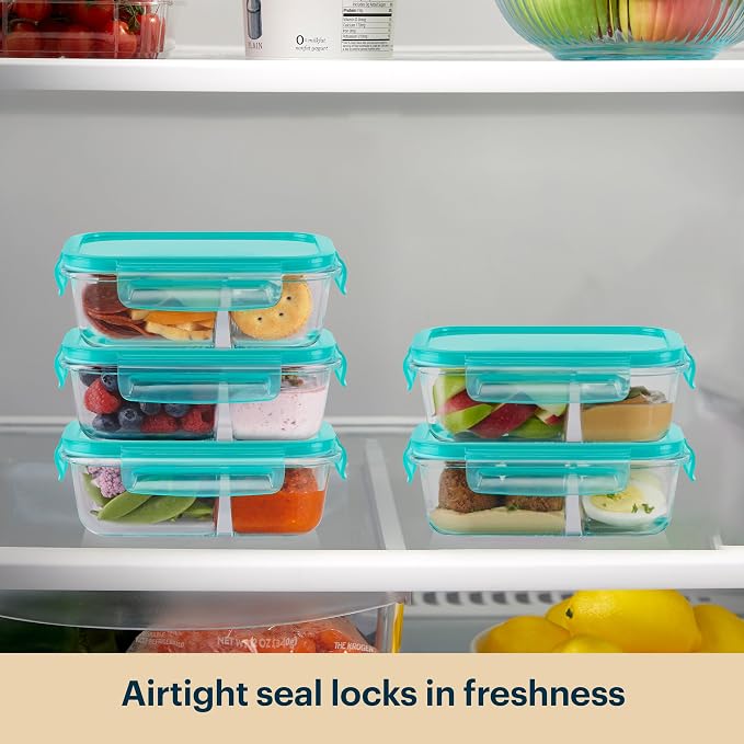 Pyrex Glass Meal Box (5-Pack, 2.3 Cup) Divided Compartments, Locking Lids | For meal prepping and portioning, BPA-Free, microwave & dishwasher safe