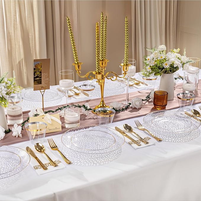 DaYammi 350PCS Clear Gold Plastic Dinnerware Set for 50 Guests, Hammered Disposable Plates for Party, Include: 50 Dinner Plates, 50 Dessert Plates, 150 Gold Silverware, 50 Napkins, 50 Cups