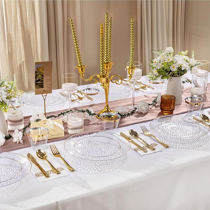 DaYammi 175PCS Clear Gold Plastic Dinnerware Set, Plastic Plates Disposable Hammered Disposable Plates for Party, Include: 25 Dinner Plates 25 Dessert Plates 75 Gold Silverware 25 Napkins 25 Cups