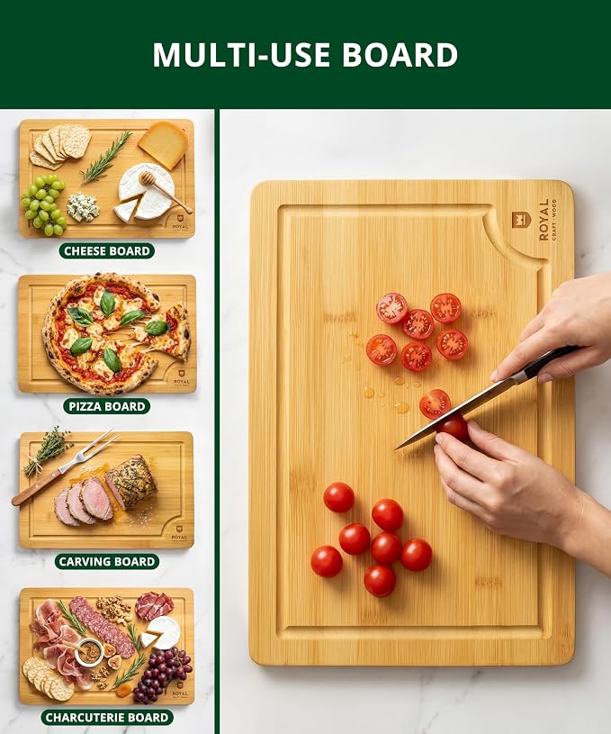 ROYAL CRAFT WOOD Bamboo Cutting Board | with Juice Groove - Kitchen Chopping Board for Meat Cheese and Vegetables, Heavy Duty Serving Tray