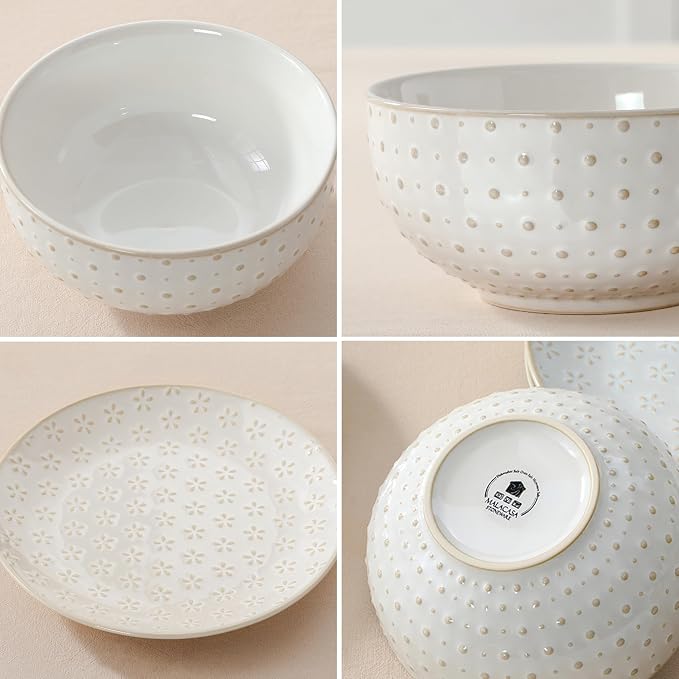 MALACASA 12 Pieces Dinnerware Sets, Farmhouse Plates and Bowls Sets, Embossed White Dish Set for 4, Vintage Relief Ceramic Dish Set, Chip-Resistant, Microwave and Dishwasher Safe, Series LYDIA