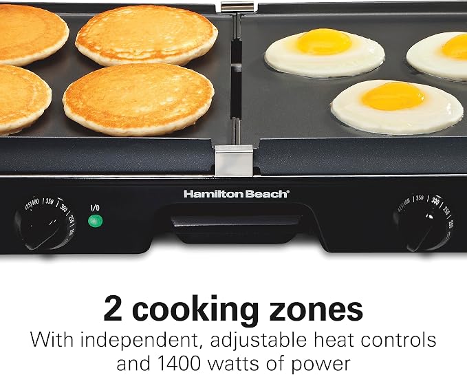 Hamilton Beach 3-in-1 Electric Indoor Grill + Electric Griddle | 180 sq. in. Reversible PFAS-Free Non-Stick Plates | 2 Individual Cooking Zones With Adjustable 425°F Temp Control | Black