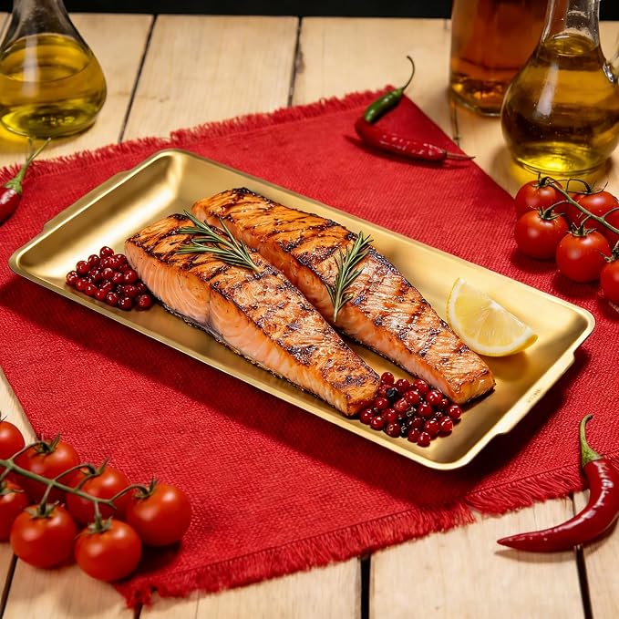 304 Stainless Steel Food Serving Tray, 12.6 Inch Rectangular Serving Tray Platters with Brushed Finish, Ideal for Kitchen Party Organizer Dining Buffet and Outdoor Events (Gold)