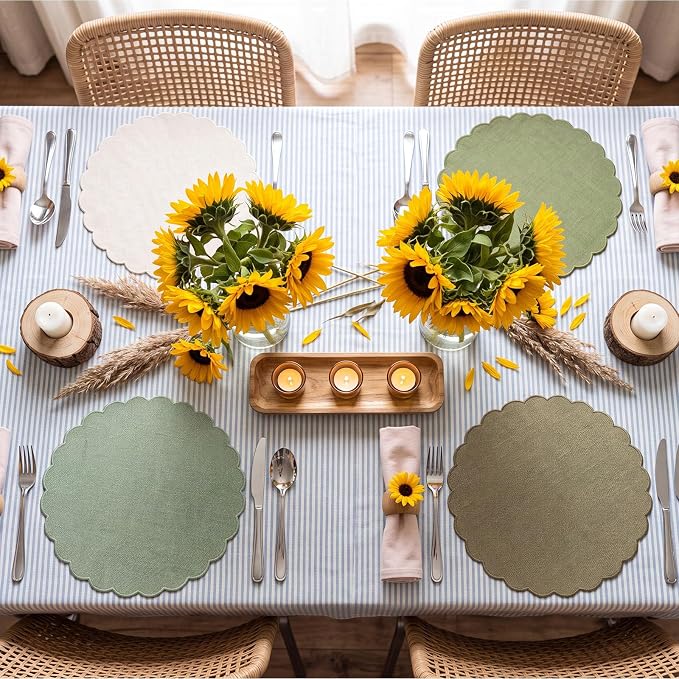 Set of 12 Green Cotton Placemats 15" Round Scalloped | Double Layered Cotton Fabric, Washable Embroidery, Classic Edge, Rustic Table Mats for Wedding Dining Table Decor