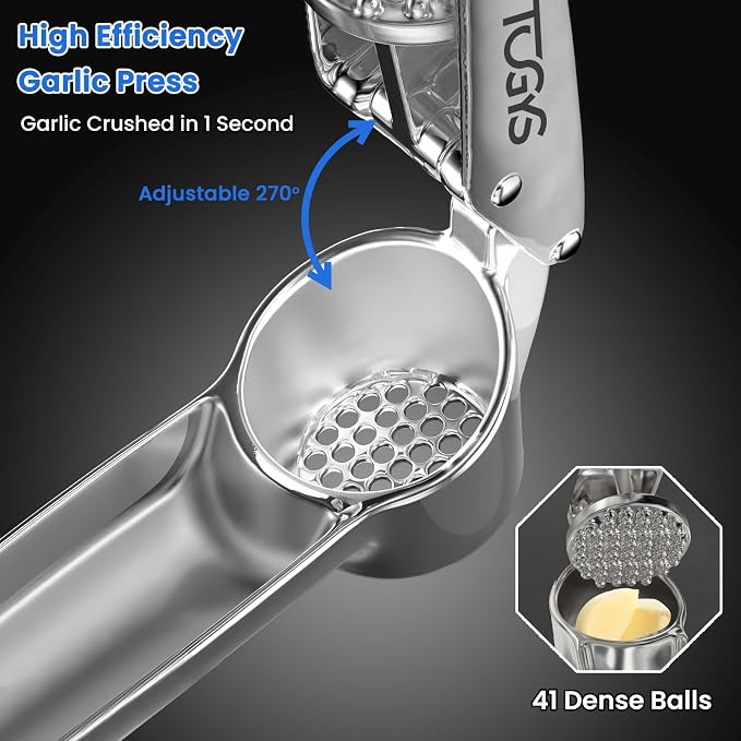 Heavy Duty Stainless Steel Garlic Press - Professional Grade Garlic Mincer & Crusher with Ergonomic Soft Grip Handle, Dishwasher Safe, Rust-Proof - Easy to Clean Kitchen Gadget for Cooking