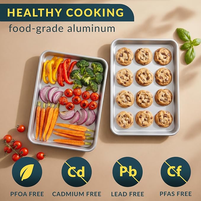 Aluminum Cookie Sheets for Baking Set of 2, 13x9" Quarter Sheet Pans | Anti-warp with reinforced steel rim; even-heat, rust-resistant & easy to clean; food-grade, oven-safe