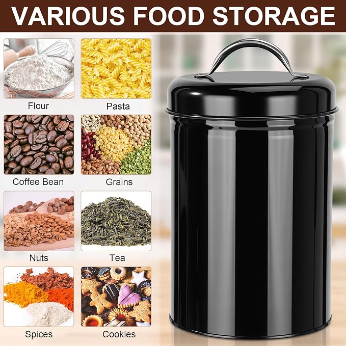 LemonRoad 10 Pack Metal Food Canisters 48 oz Airtight Handle Lid Black | Farmhouse Kitchen Jars for Coffee Tea Sugar Flour Cookies, Pantry Countertop Storage Containers, Airtight Seal
