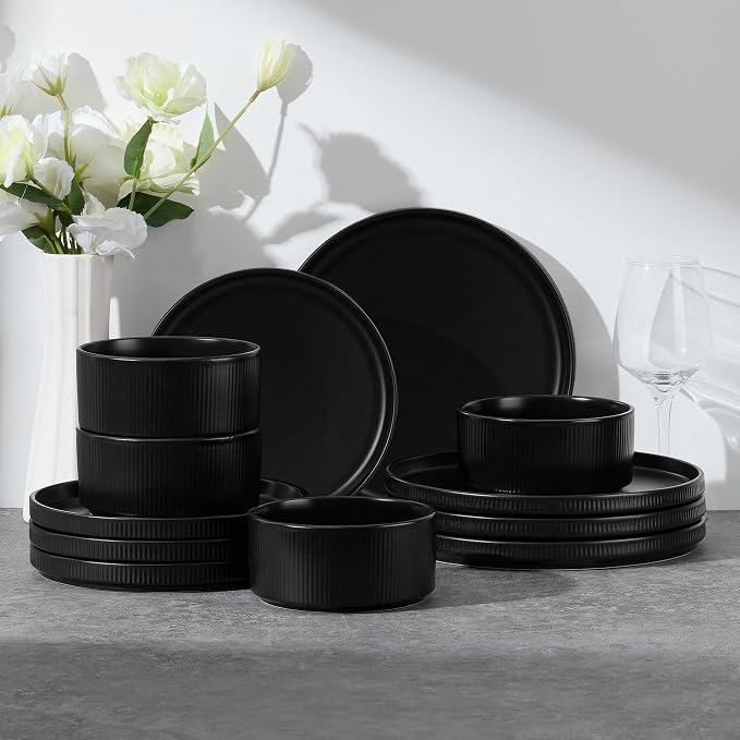 E-far 12-Piece Plates and Bowls Sets, Stoneware Dinnerware Dishes Sets for 4, Kitchen Modern Dining Dishware, Chip & Scratch Resistant, Microwave & Dishwasher Safe, Matte Black