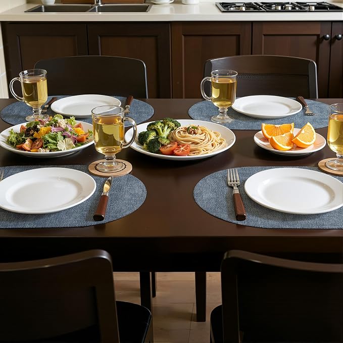 Placemats Set of 8, 11.8 x 17 Inch, Blue | Heat Resistant Oval Faux Leather Place Mats, Waterproof Wipeable Reversible PU Placemat, Indoor & Outdoor