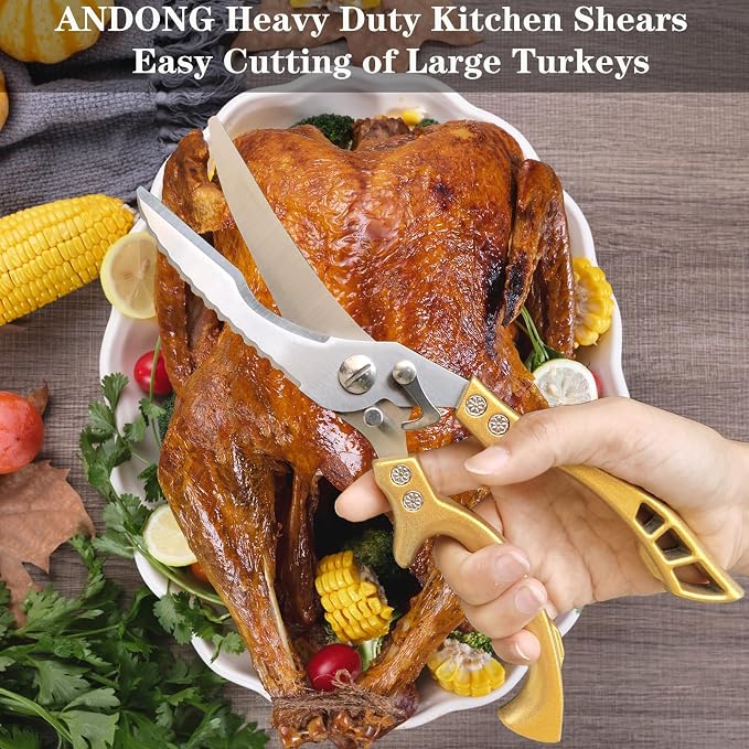 ANDONG Heavy Duty Kitchen Poultry Shears,Protective Sheath&Cleaning Cloth | Ultra-Sharp Stainless Blades,Serrated Edge, Spring Loaded, Dishwasher Safe,Cutting Food Cooking Meat Poultry Kitchen Utensils