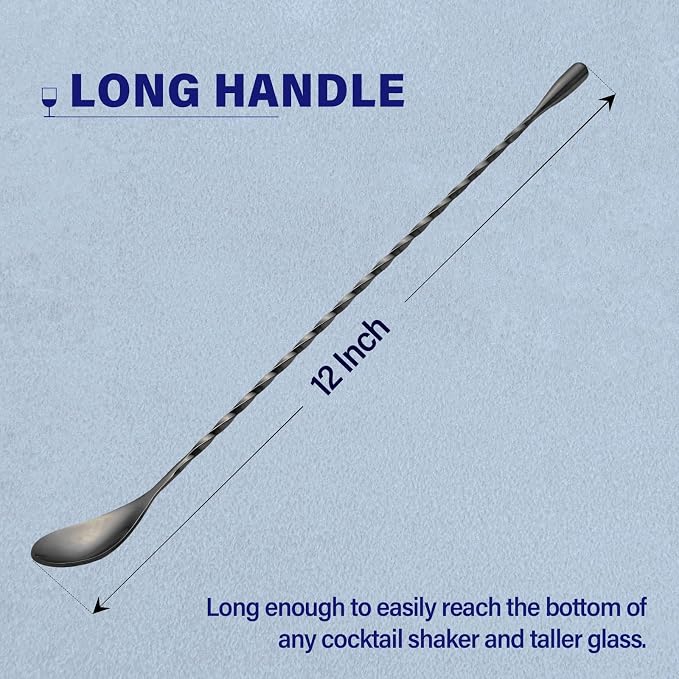 Bar Spoon Cocktail Mixing Stirrers, 2Pcs, 12” Long Handle, Black | 18/8 Stainless Steel, Long Drink Spoons, for Stirring Coffee & Cocktails