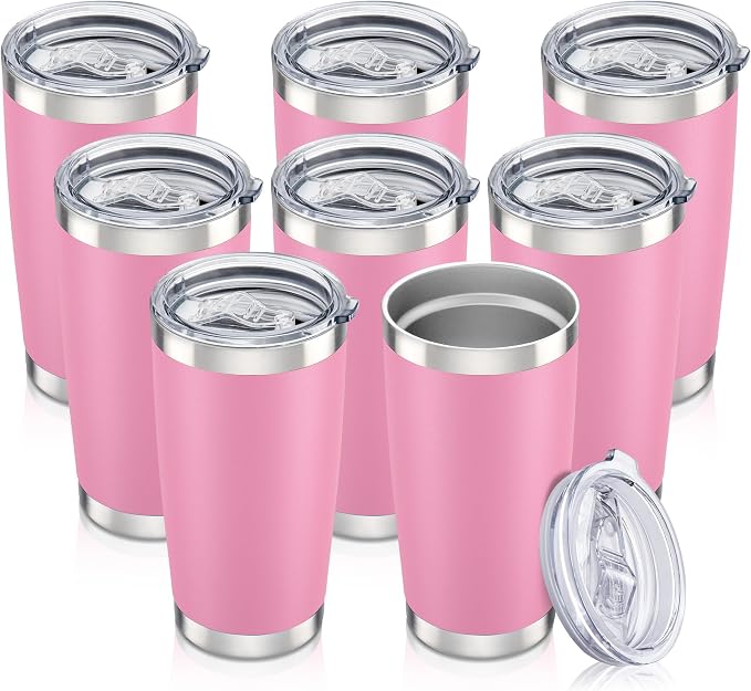 20 oz Tumbler with Lid Stainless Steel Insulated Tumblers Bulk Cups Mug | Double Wall Vacuum, Powder Coated, Keep Drinks Cold and Hot, Waterproof Lid, Fit of Car Cup Holders, Pink, 8 Pack