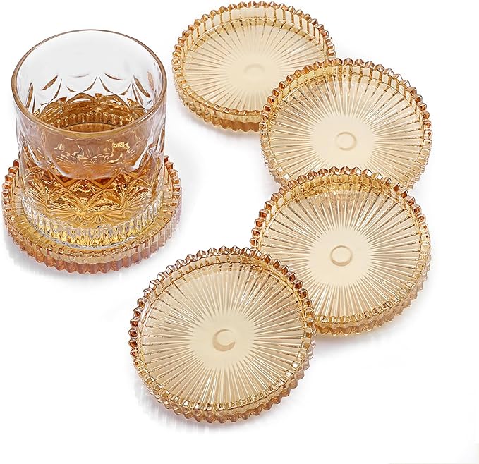 Modern Clear Coasters Set of 5- Glass Cute Coasters for Drinks, Amber | Crystal Coaster Round Chic Cup Mat Cute Coffee Table Coaster for Kitchen, Bar, Dining Room, Living Room, Patio