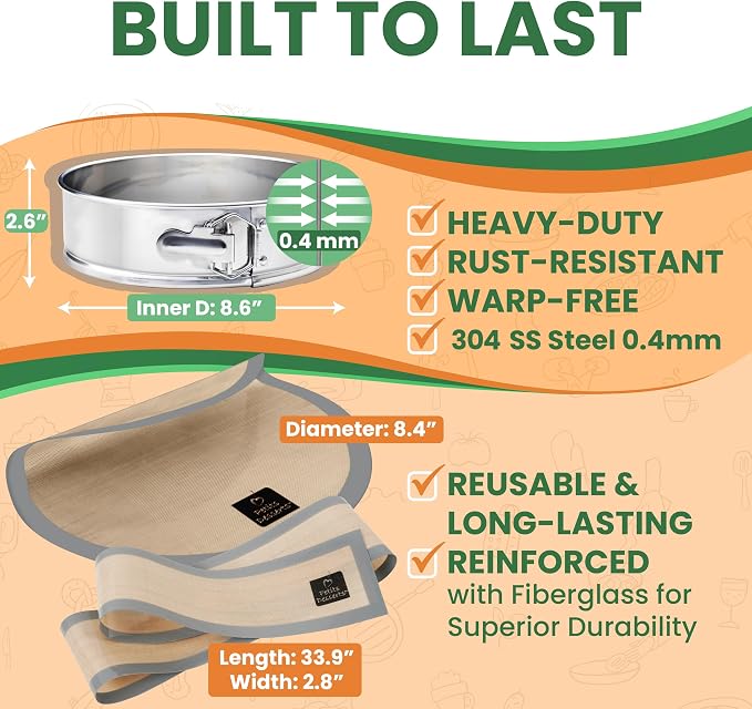 Springform Pan 9 Inch, Stainless Steel with 2 NON-STICK SILICONE LINERS | DISHWASHER SAFE and Non Toxic Materials, No Coating Peeling, REUSABLE LINERS - Skip the Parchment, Great For Cheesecakes